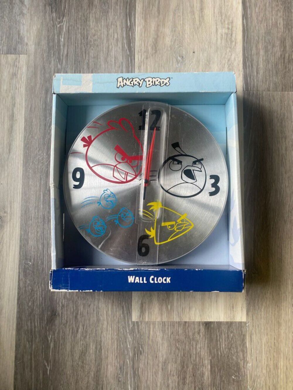 ANGRY BIRDS WALL CLOCK, 10 in. X 10 in. Brushed Aluminum, NEW